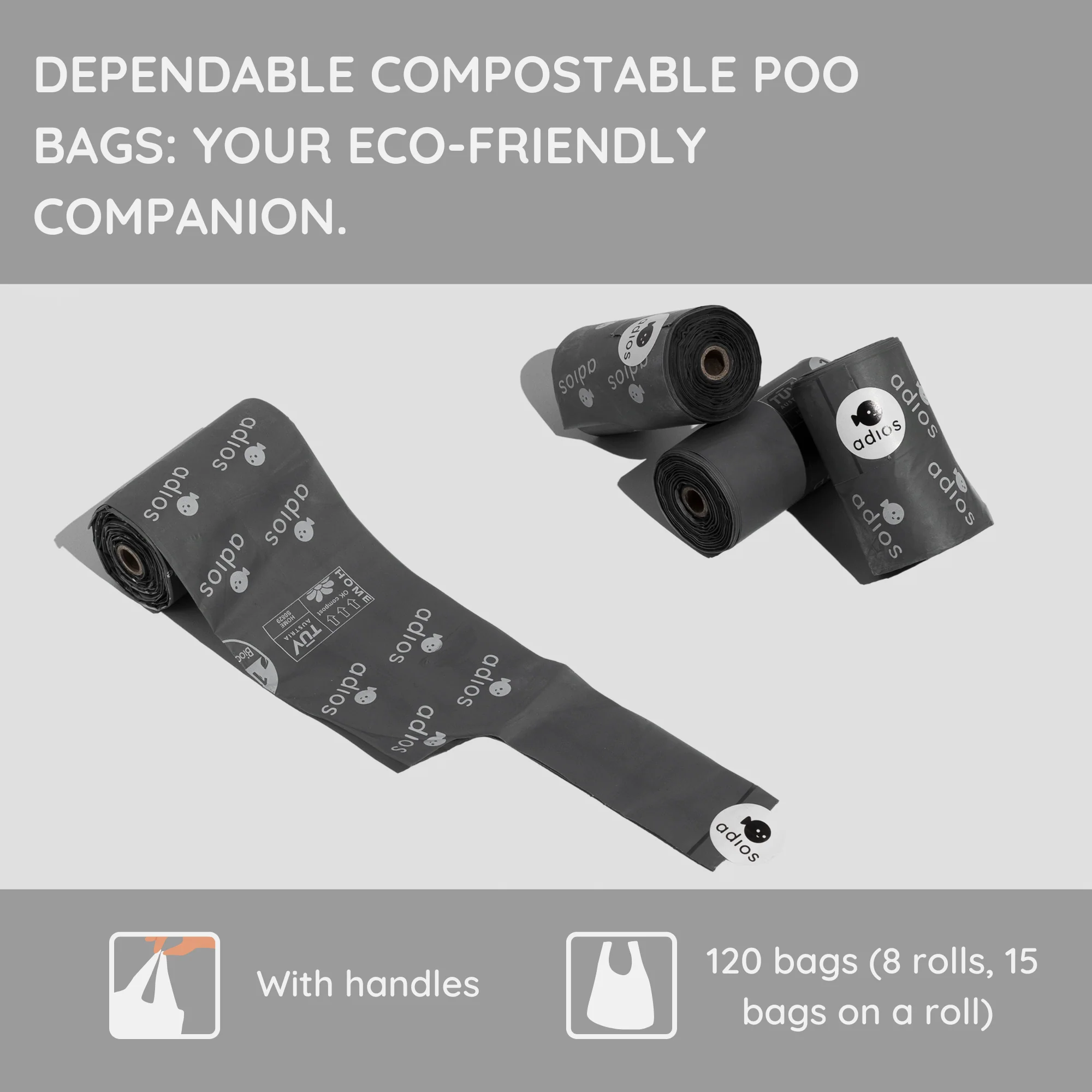 Adios Plastic Compostable Handle on a Roll Grey Poo Bags - Image 3