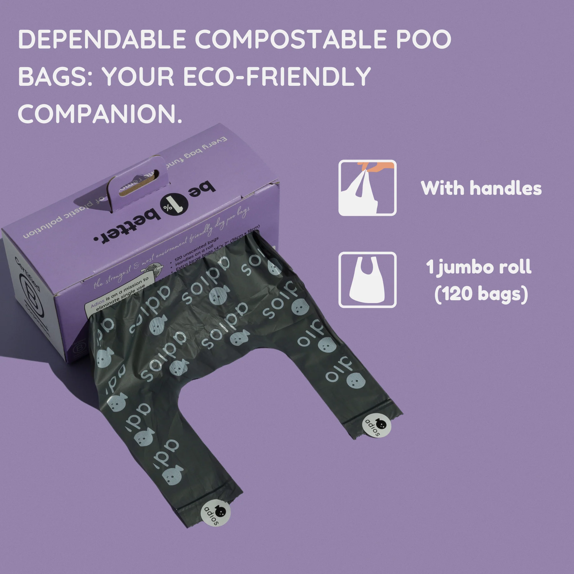 Adios Plastic Compostable Jumbo Handle Bag on a Roll Dispencer Grey Poo Bags - Large - Image 3