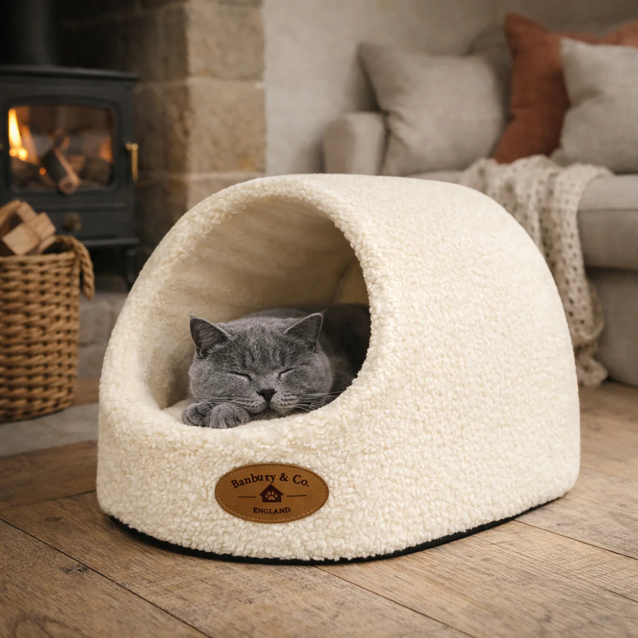 Banbury & Co Rural Retreats Almond Teddy Boucle Igloo Cat Bed - Image 4