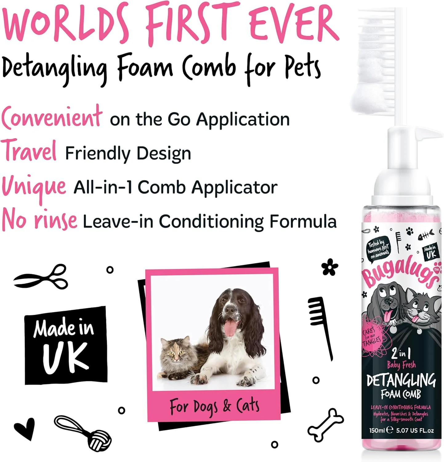 Bugalugs 2 in 1 Detangle & Conditioning Foam Comb for Dogs & Cats - Baby Fresh - Image 3