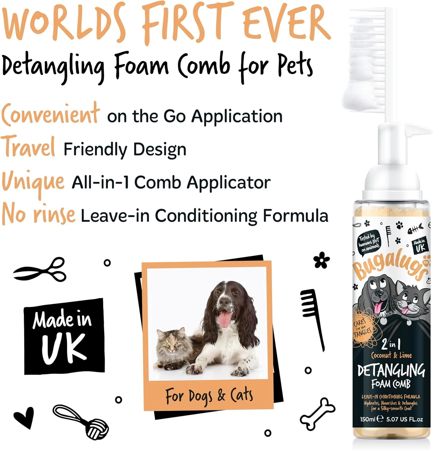Bugalugs 2 in 1 Detangle & Conditioning Foam Comb for Dogs & Cats - Coconut & Lime - Image 2