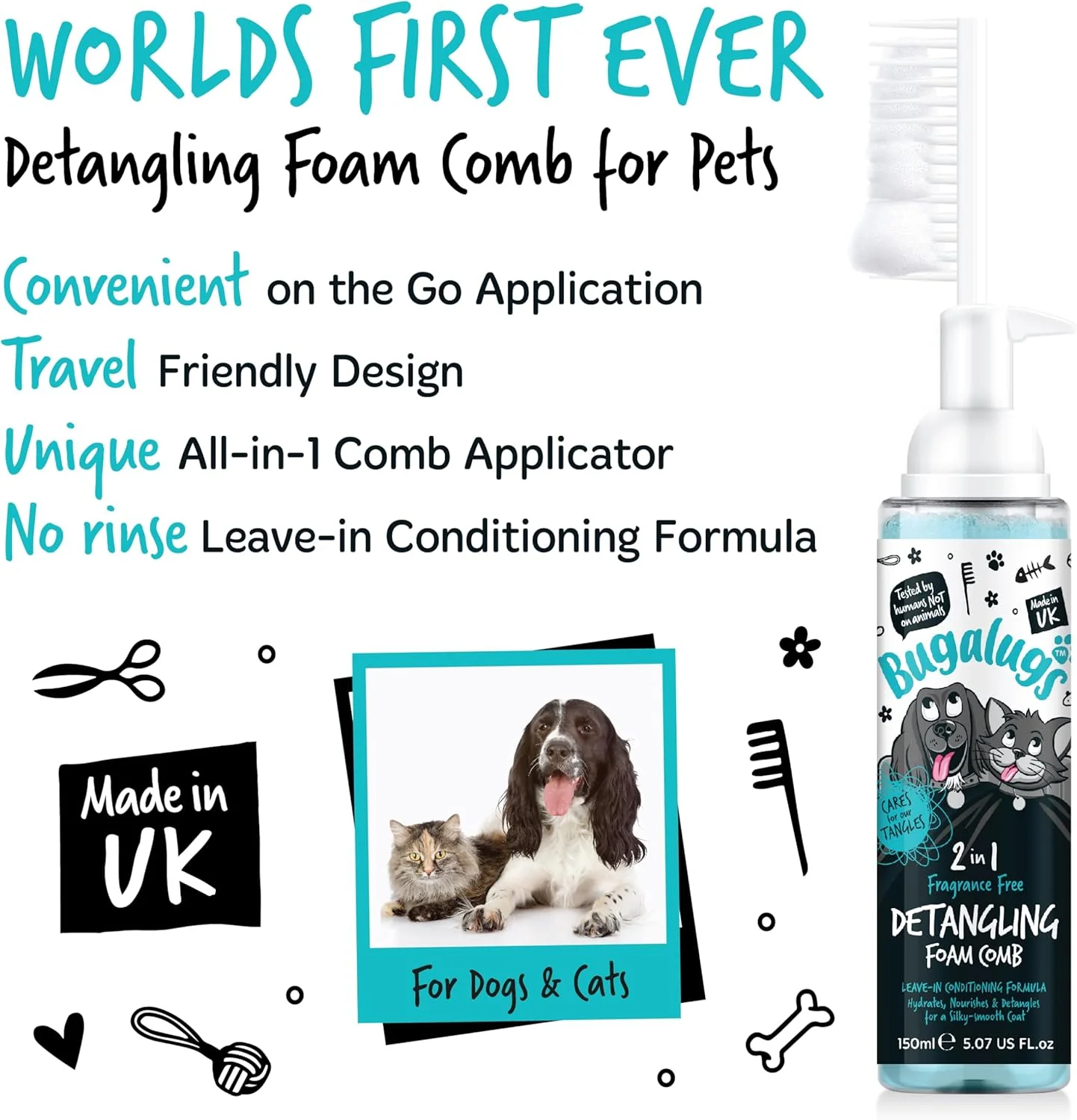 Bugalugs 2 in 1 Detangle & Conditioning Foam Comb for Dogs & Cats - Fragrance Free - Image 2