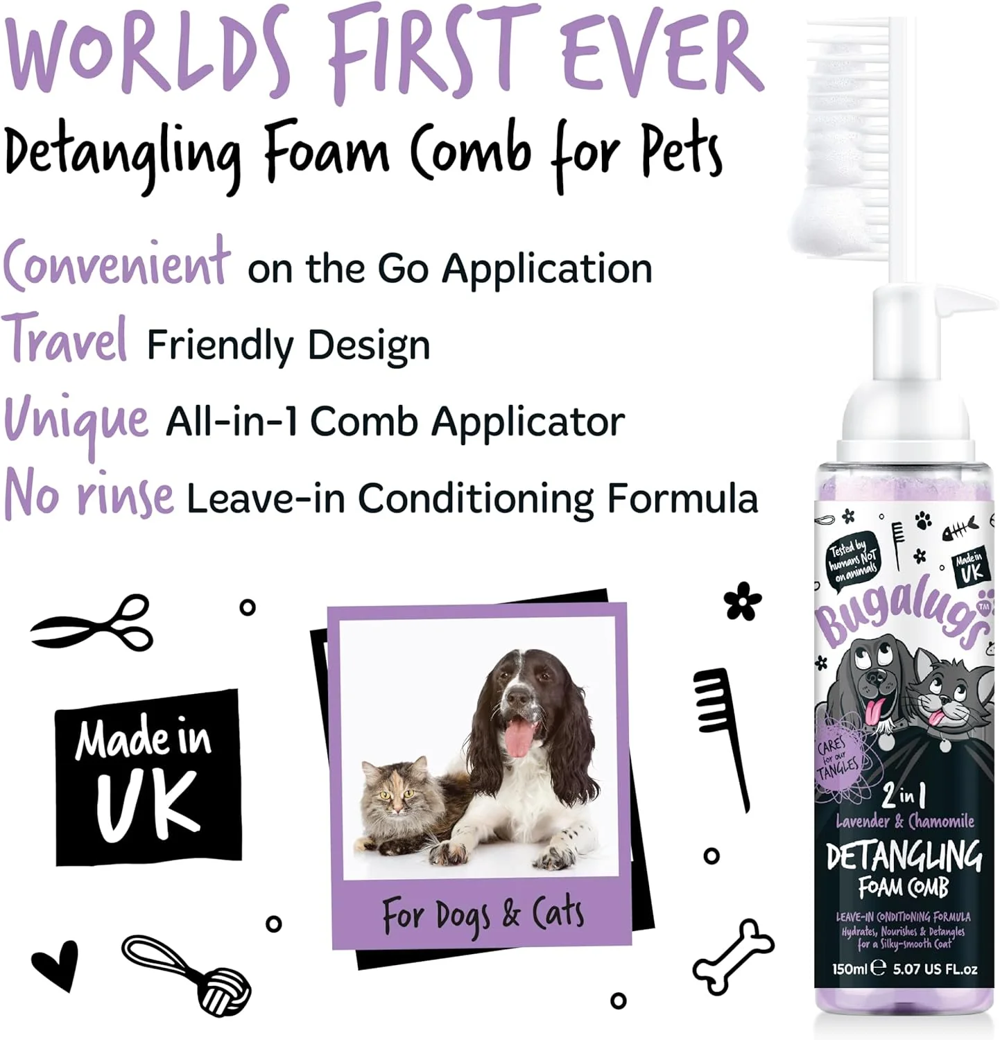 Bugalugs 2 in 1 Detangle & Conditioning Foam Comb for Dogs & Cats - Lavender & Chamomile - Image 2