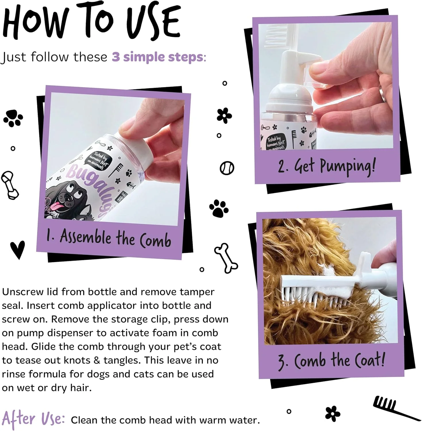 Bugalugs 2 in 1 Detangle & Conditioning Foam Comb for Dogs & Cats - Lavender & Chamomile - Image 3