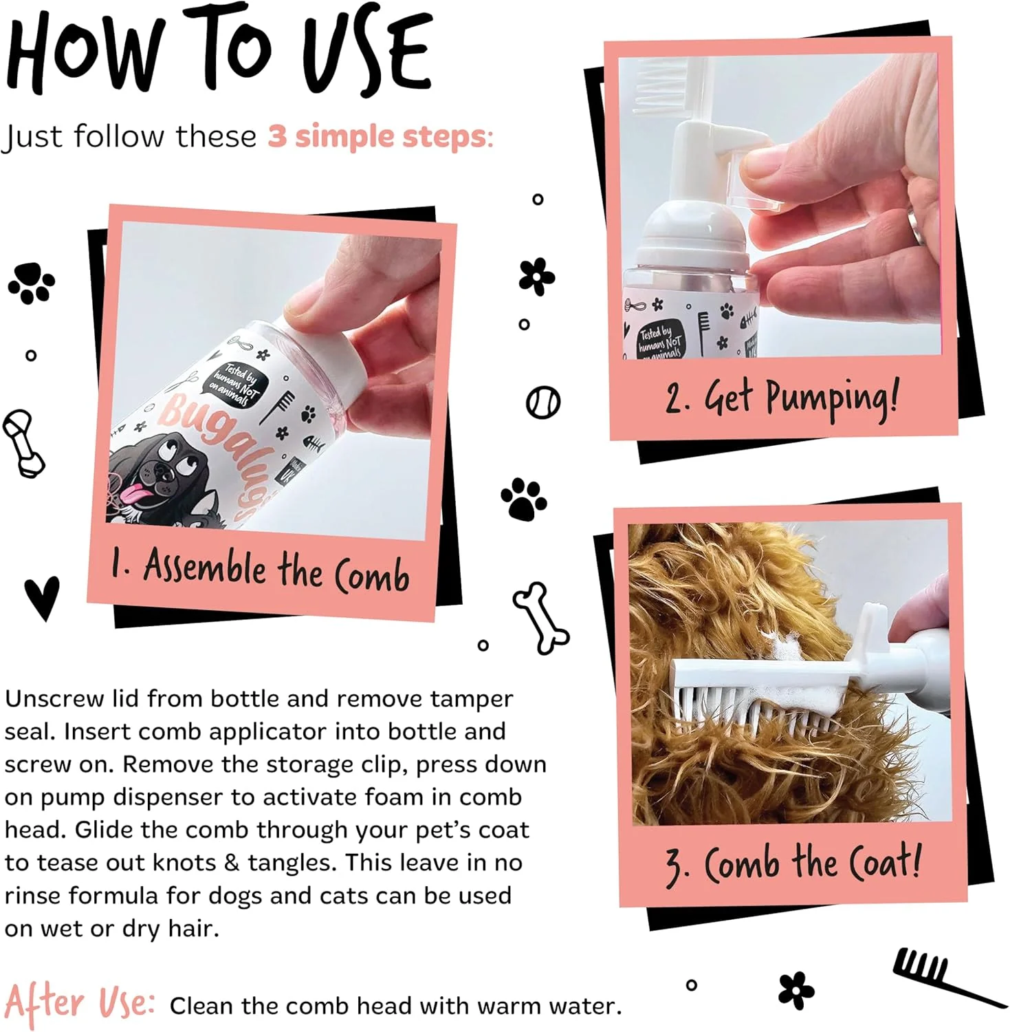 Bugalugs 2 in 1 Detangle & Conditioning Foam Comb for Dogs & Cats - Papaya & Coconut - Image 3