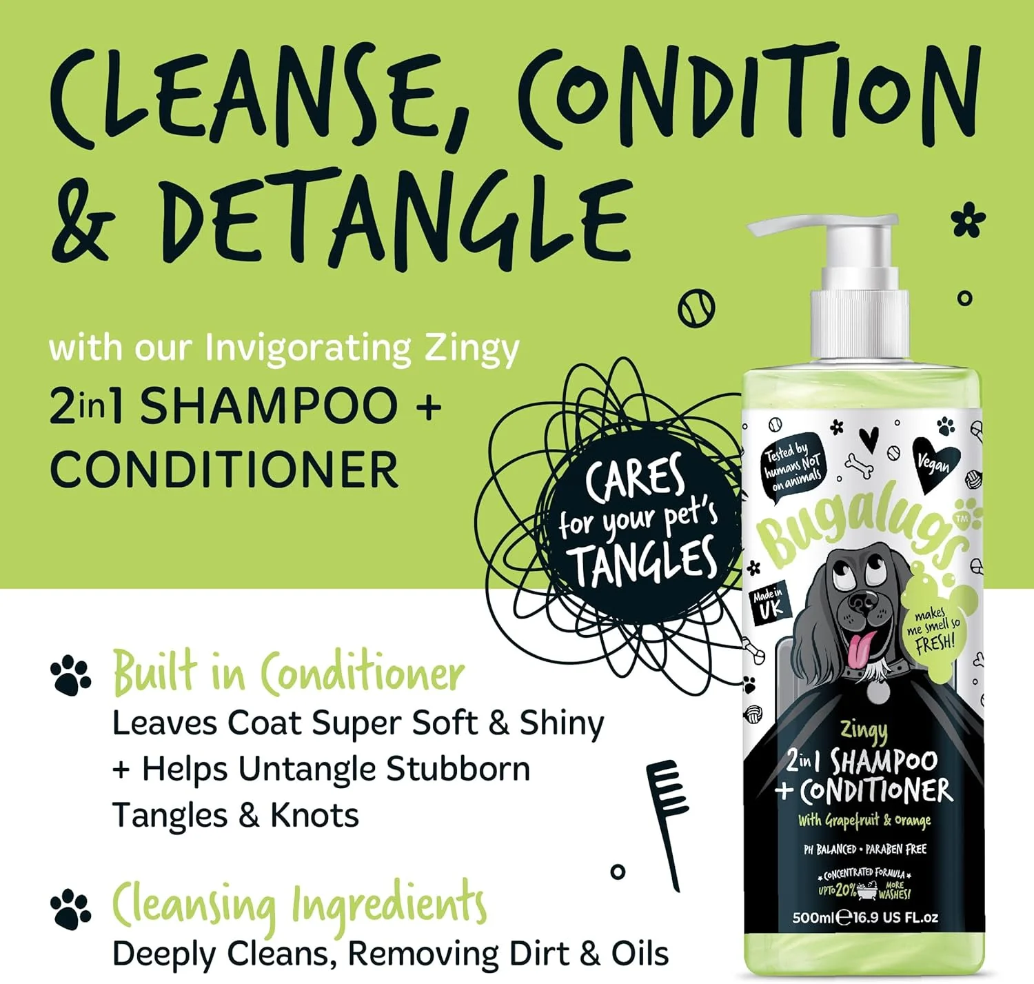 Bugalugs 2 in 1 Dog Shampoo & Conditioner Zingy Bottle with Grapefruit & Orange - Image 2