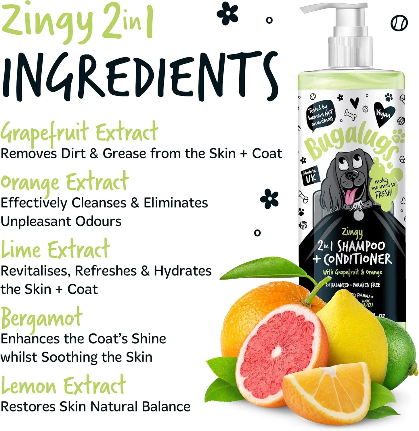 Bugalugs 2 in 1 Dog Shampoo & Conditioner Zingy Bottle with Grapefruit & Orange - Image 3