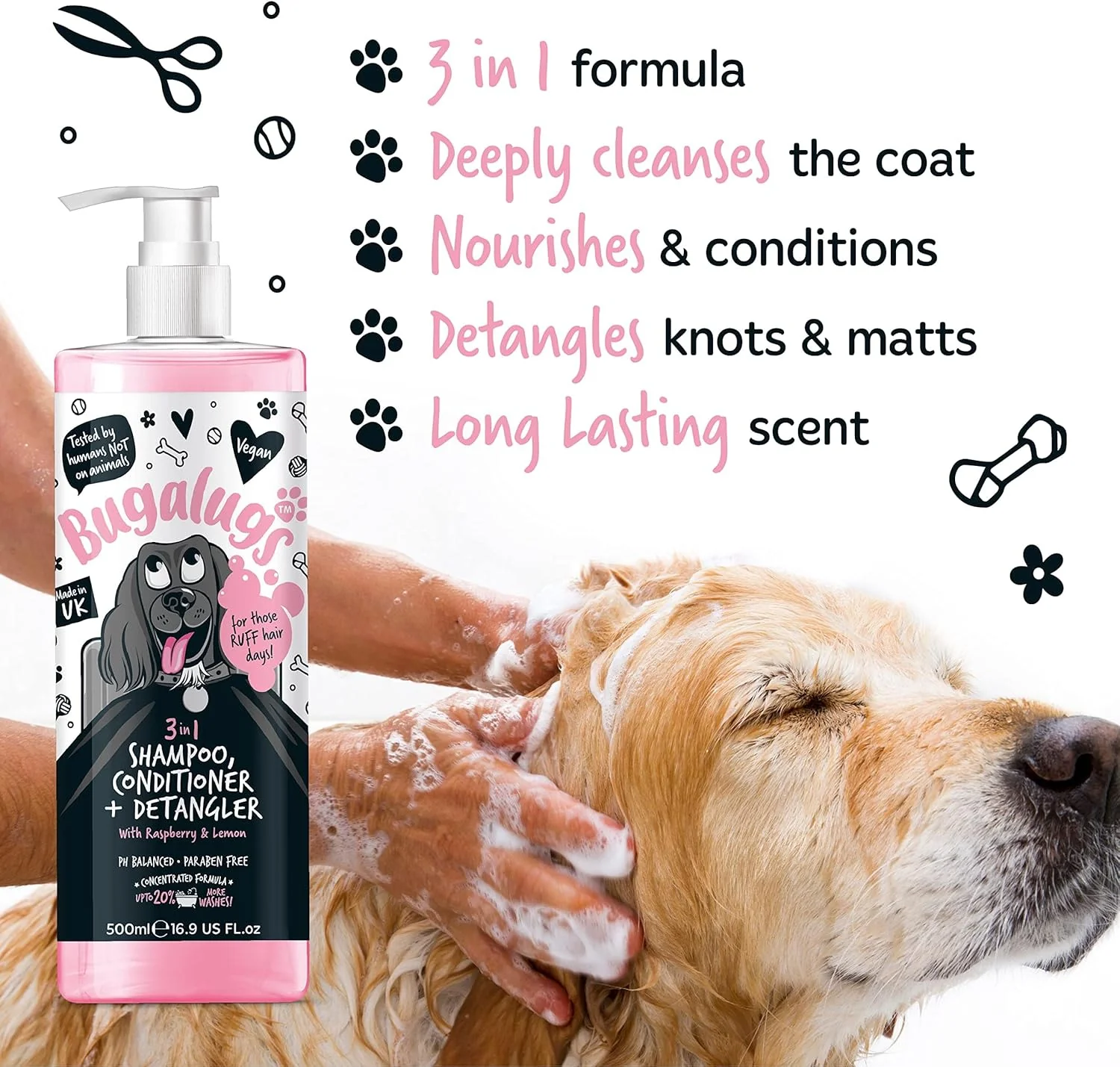 Bugalugs 3 in 1 Dog Shampoo, Conditioner & Detangler with Raspberry & Lemon - Image 2