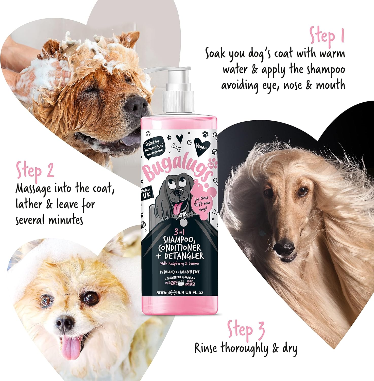 Bugalugs 3 in 1 Dog Shampoo, Conditioner & Detangler with Raspberry & Lemon - Image 3