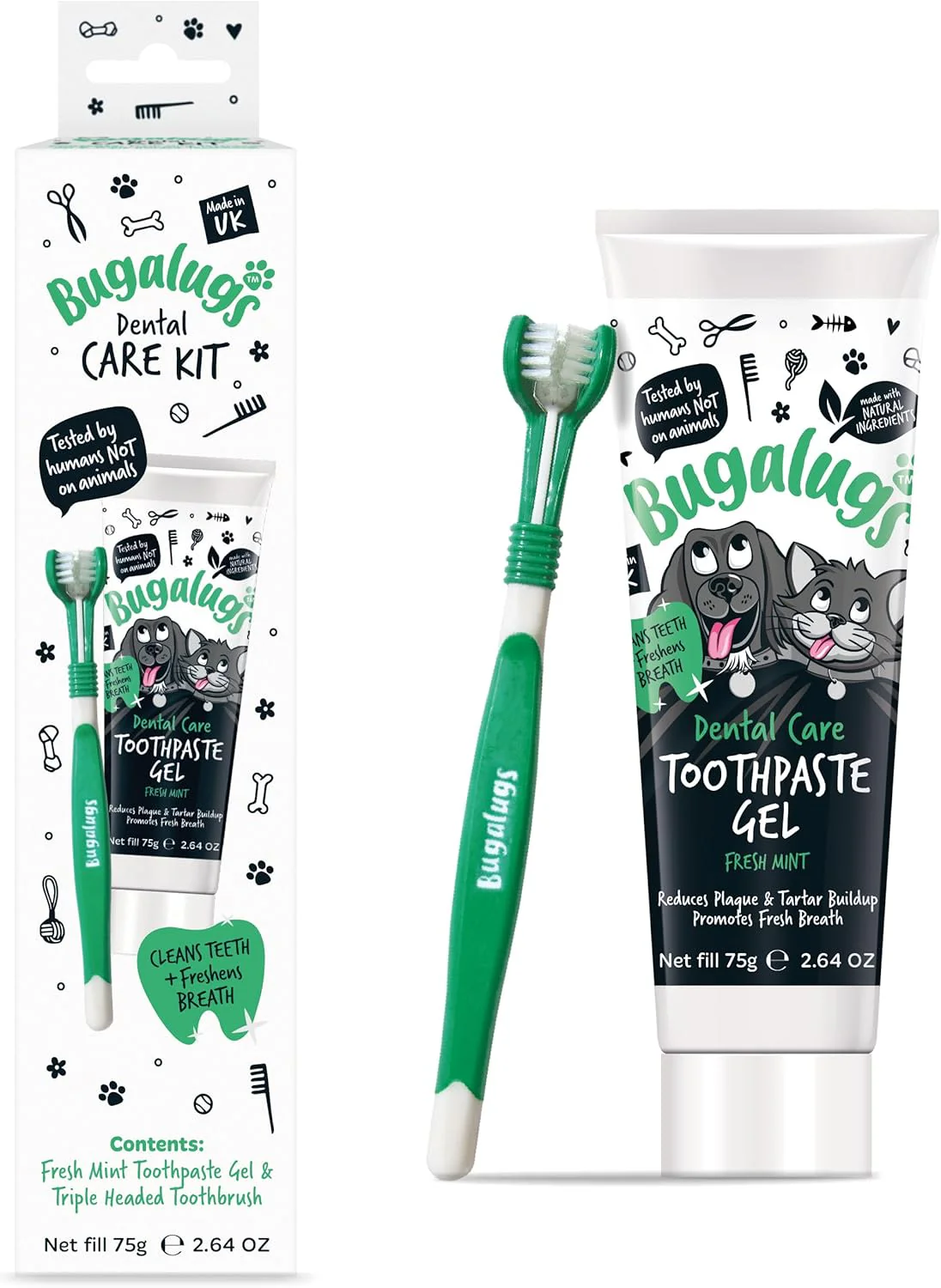 Bugalugs Dental Care Toothpaste Gel with Triple Headed Toothbrush for Dogs & Cats - Fresh Mint