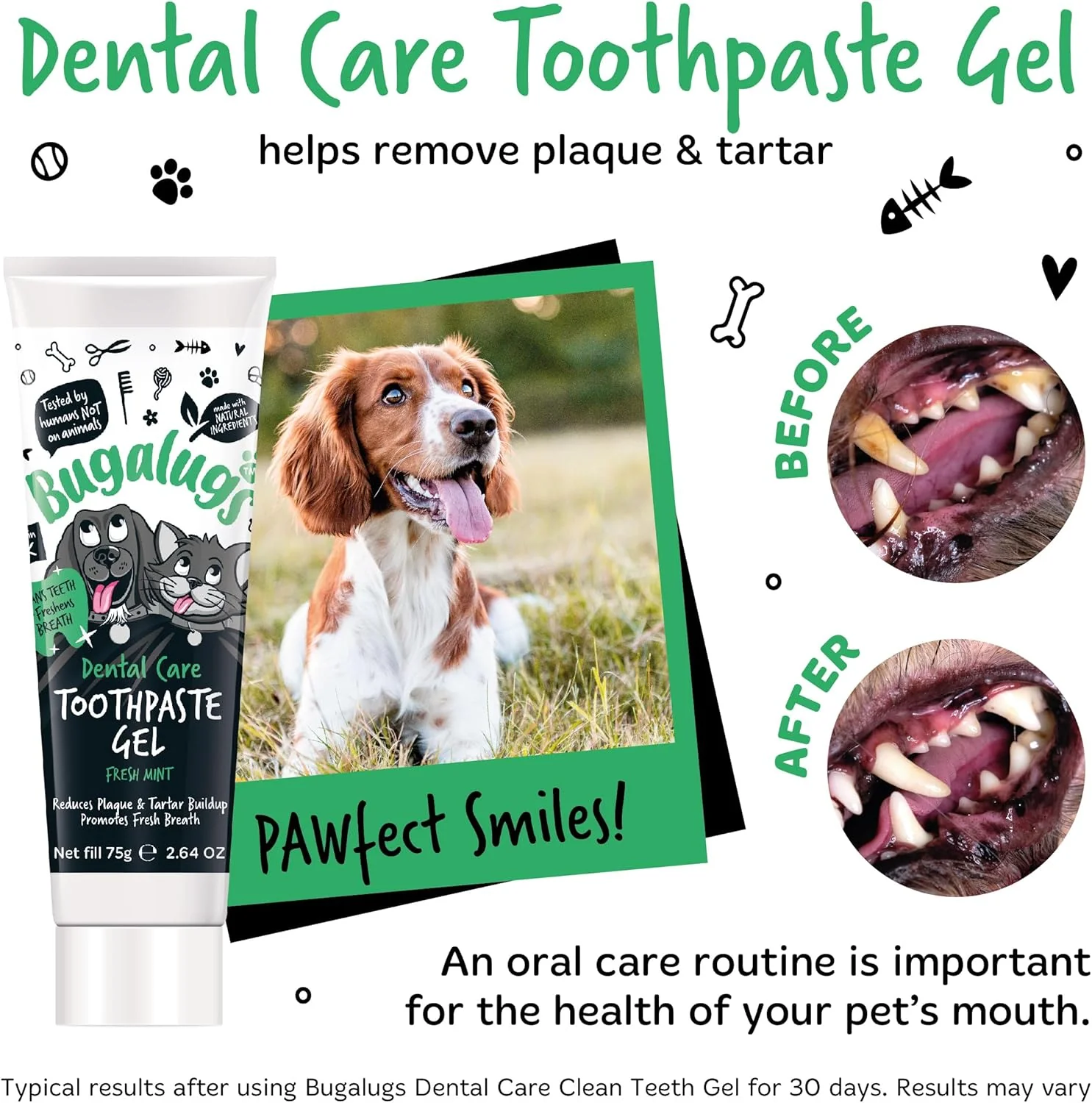 Bugalugs Dental Care Toothpaste Gel with Triple Headed Toothbrush for Dogs & Cats - Fresh Mint - Image 2