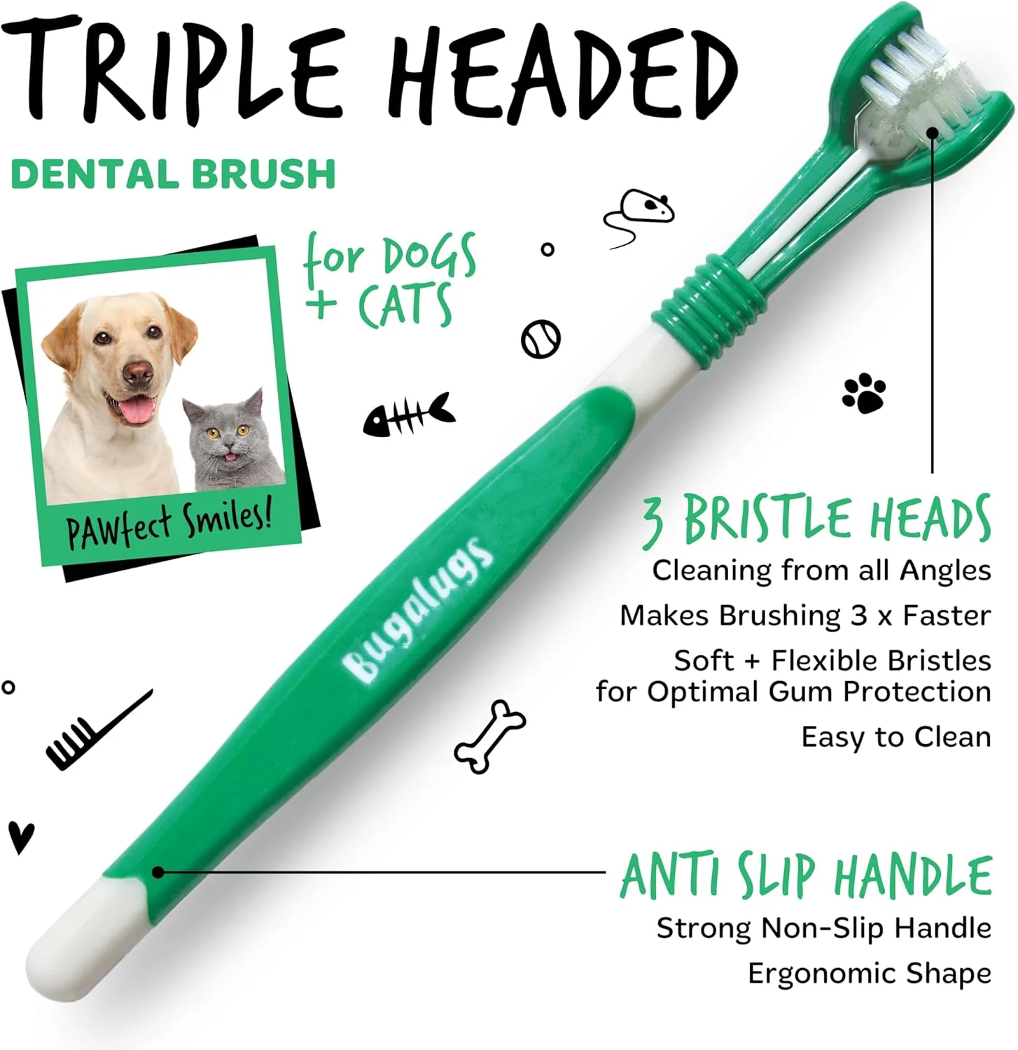 Bugalugs Dental Care Toothpaste Gel with Triple Headed Toothbrush for Dogs & Cats - Fresh Mint - Image 3