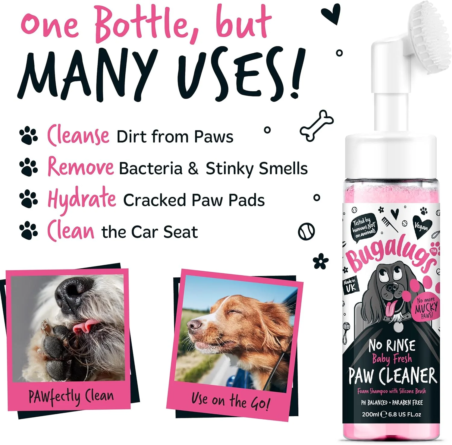 Bugalugs No Rinse Paw Cleaner Foam Shampoo with Silicon Brush for Pets - Baby Fresh - Image 2