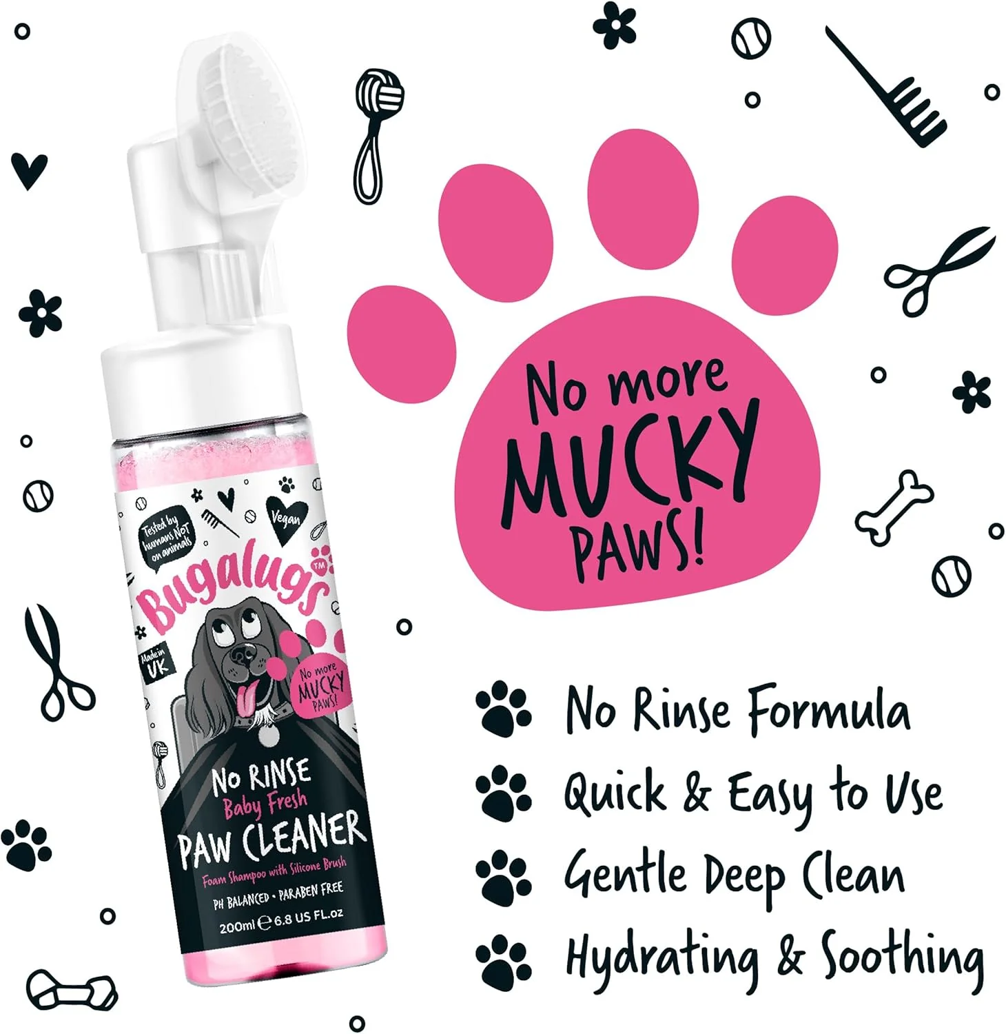 Bugalugs No Rinse Paw Cleaner Foam Shampoo with Silicon Brush for Pets - Baby Fresh - Image 3