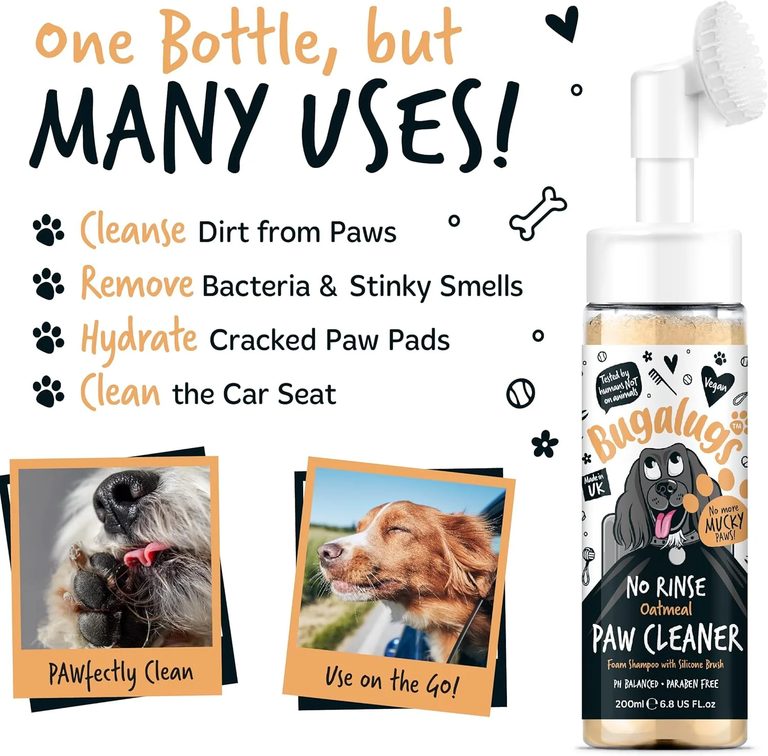 Bugalugs No Rinse Paw Cleaner Foam Shampoo with Silicon Brush for Pets - Oatmeal - Image 2