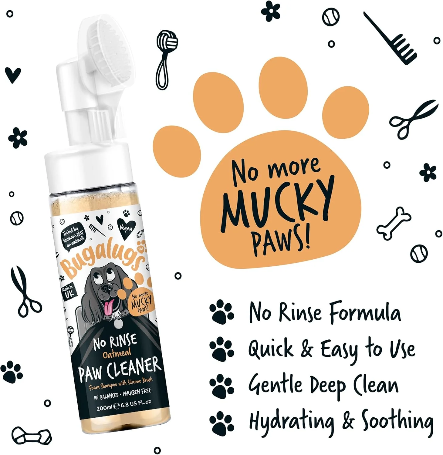 Bugalugs No Rinse Paw Cleaner Foam Shampoo with Silicon Brush for Pets - Oatmeal - Image 3