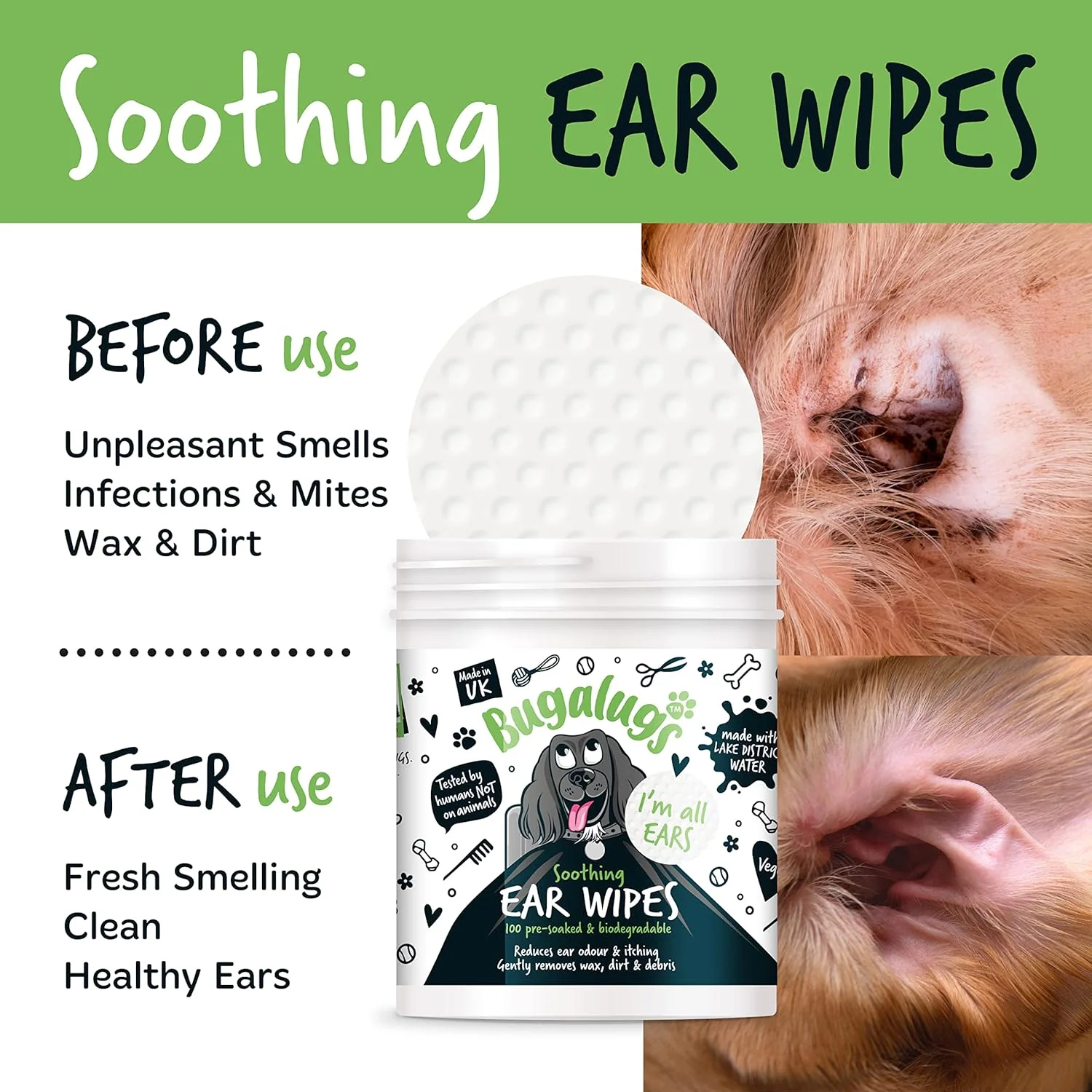 Bugalugs Soothing Ear Wipes Pre-soaked & Biodegradable for Dogs - Image 3