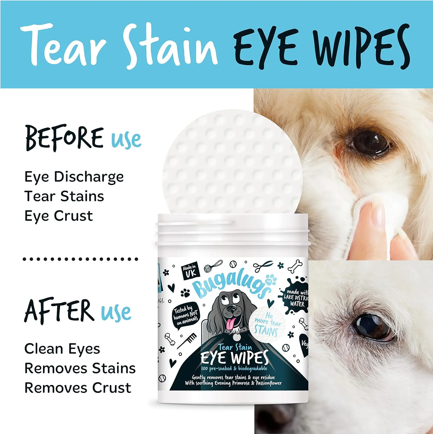 Bugalugs Tear Stain Eye Wipes Pre-soaked & Biodegradable for Dogs - Image 3