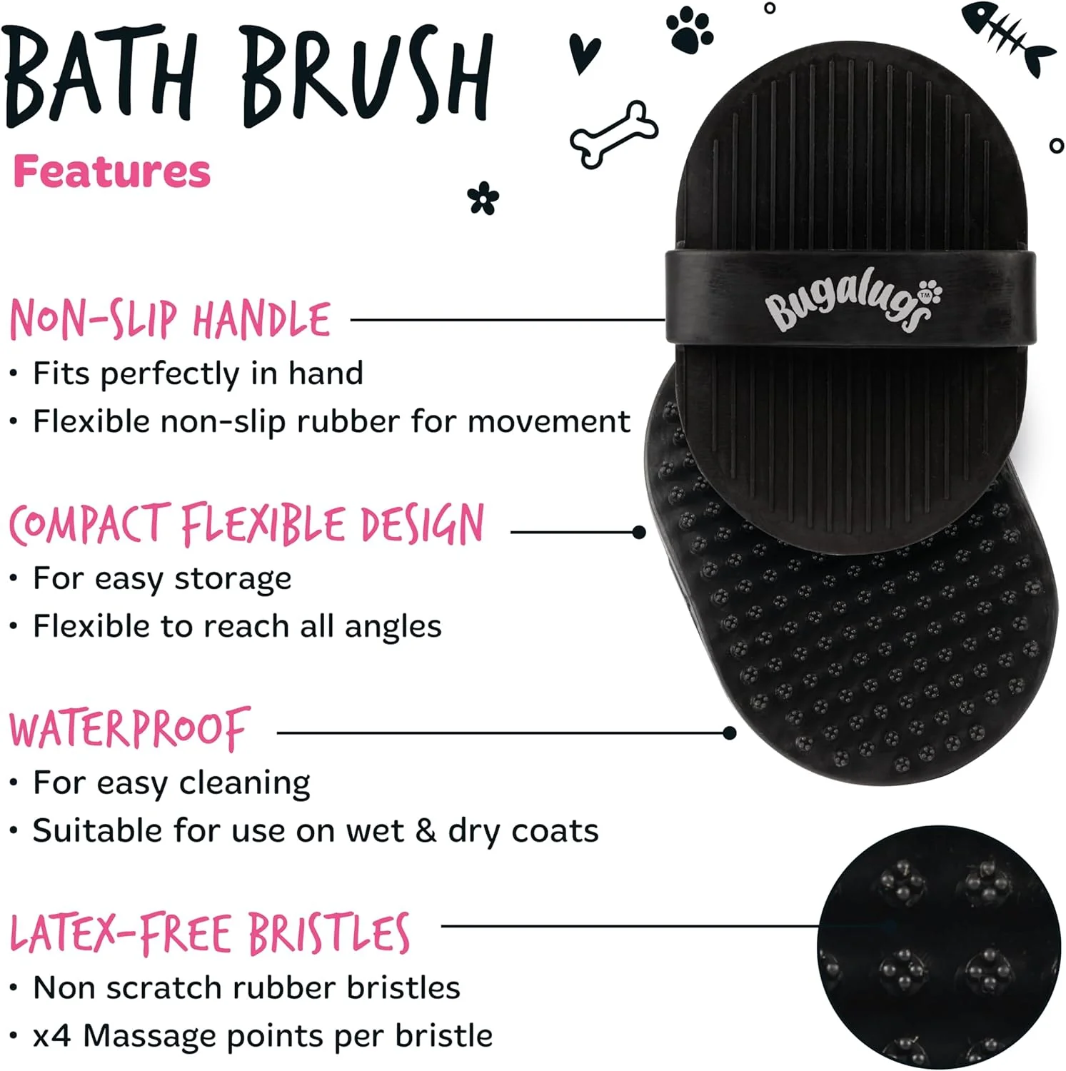 Bugalugs Wet & Dry Bath Brush for Dogs & Cats - Black - Image 3
