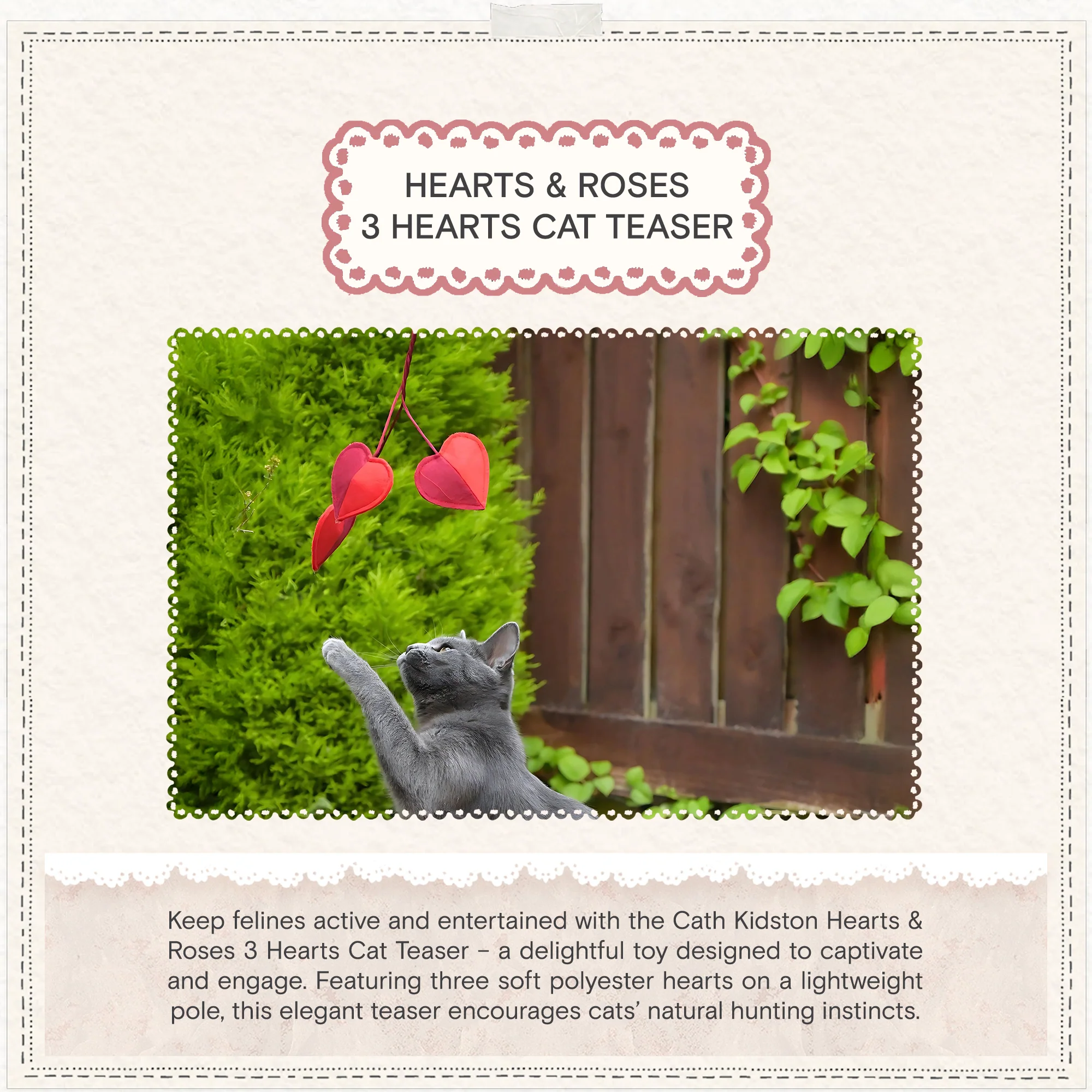 Cath Kidston Dogs & Roses 3 Hearts Cat Teaser Toy - Image 7