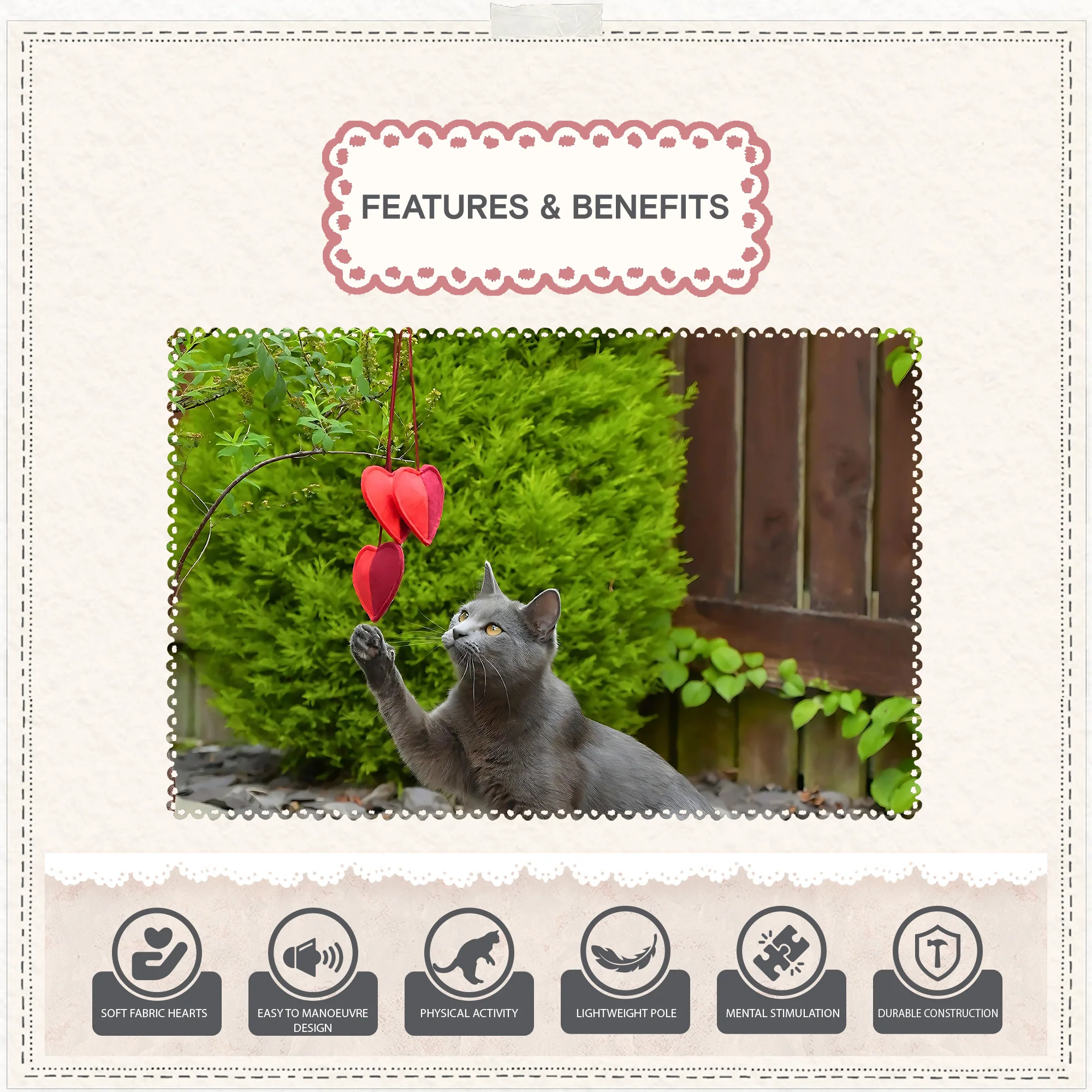 Cath Kidston Dogs & Roses 3 Hearts Cat Teaser Toy - Image 8