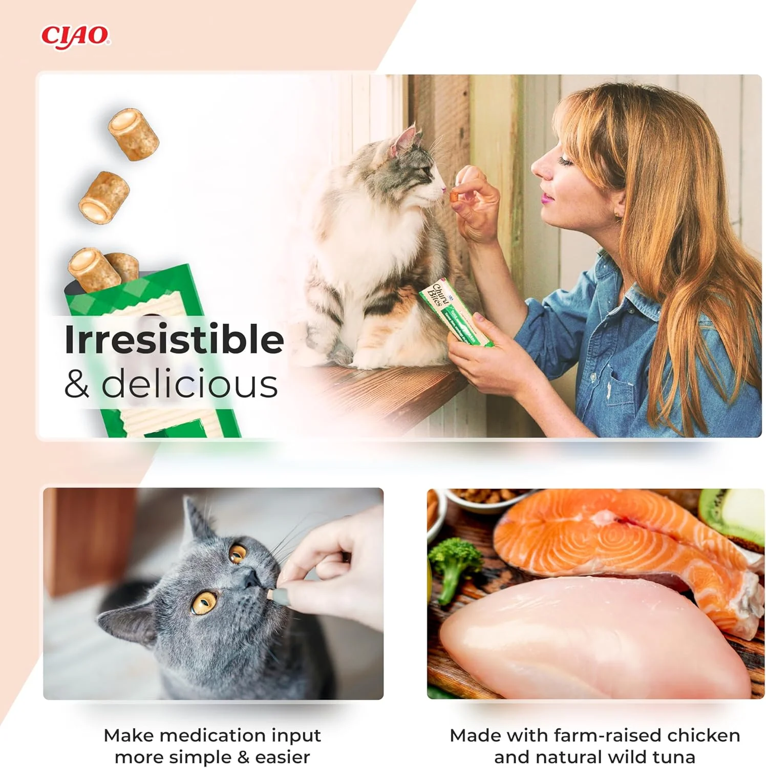 Ciao Churu Bites 3 Pack Cat Treat - Chicken Recipe wraps Tuna with Salmon Recipe - Image 3