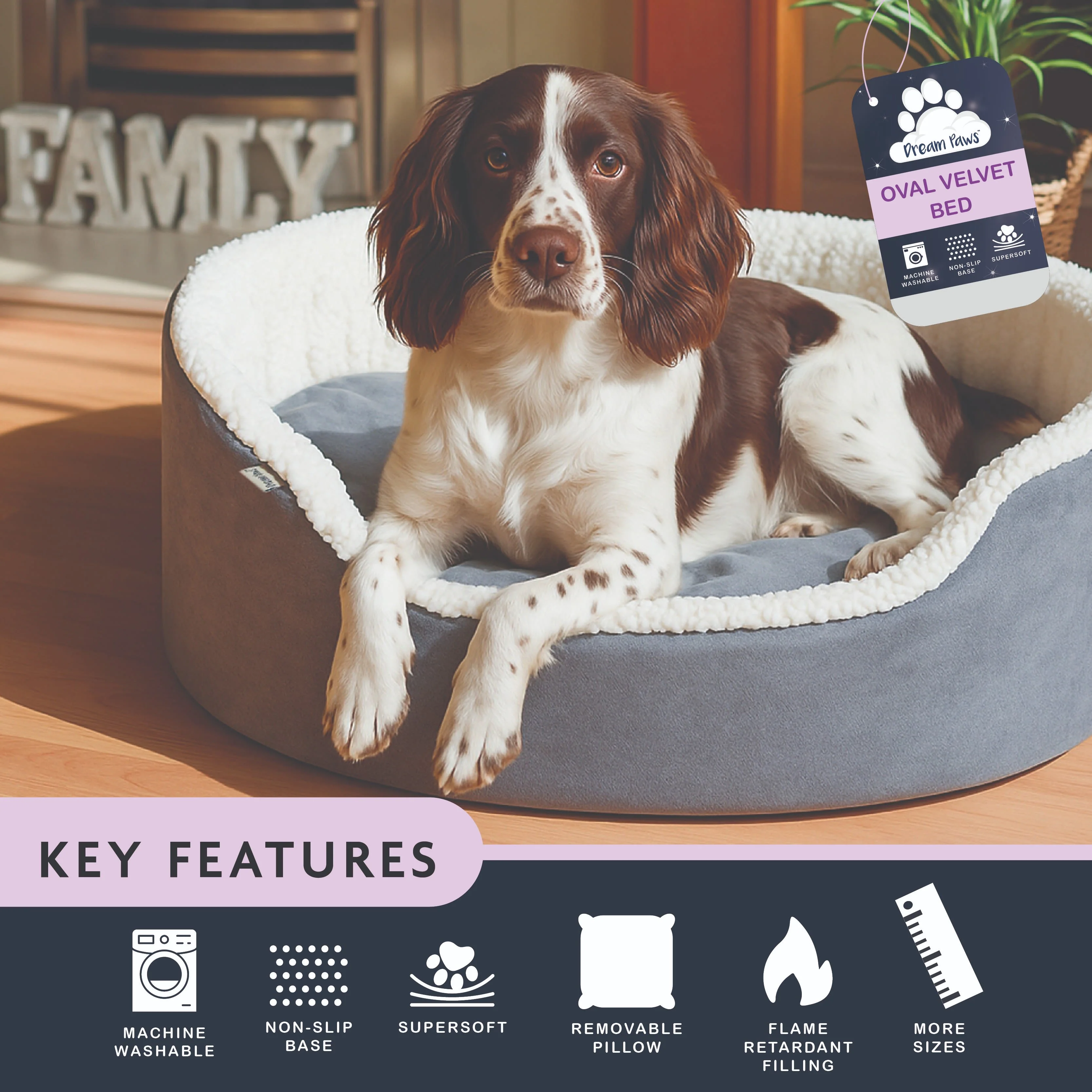 Dream Paws Grey Oval Velvet Dog Bed - Image 4