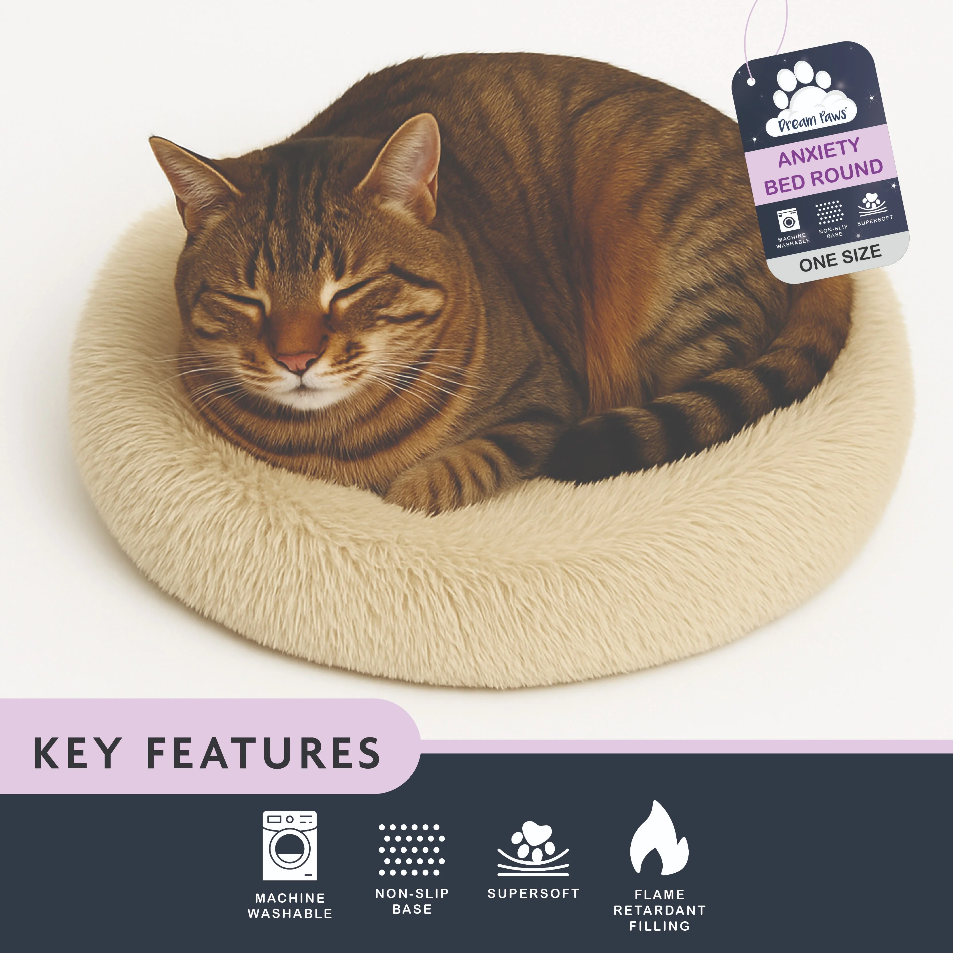 Dream Paws Round Anxiety Reducing Plush Pet Bed - Image 3