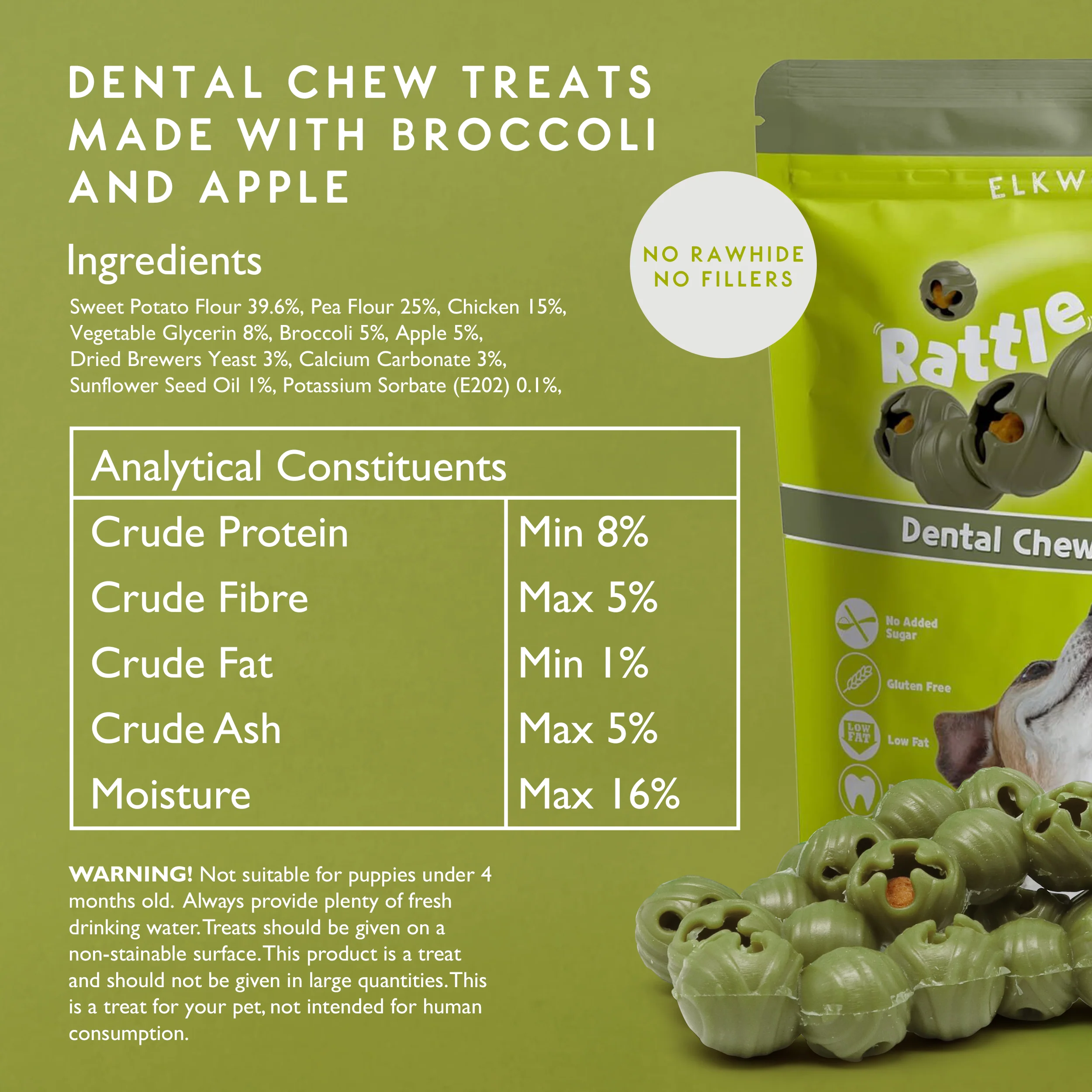 Elkwood Rattlesnaps Broccoli & Apple Dental Chew with Chicken | 4-Pack - Image 7