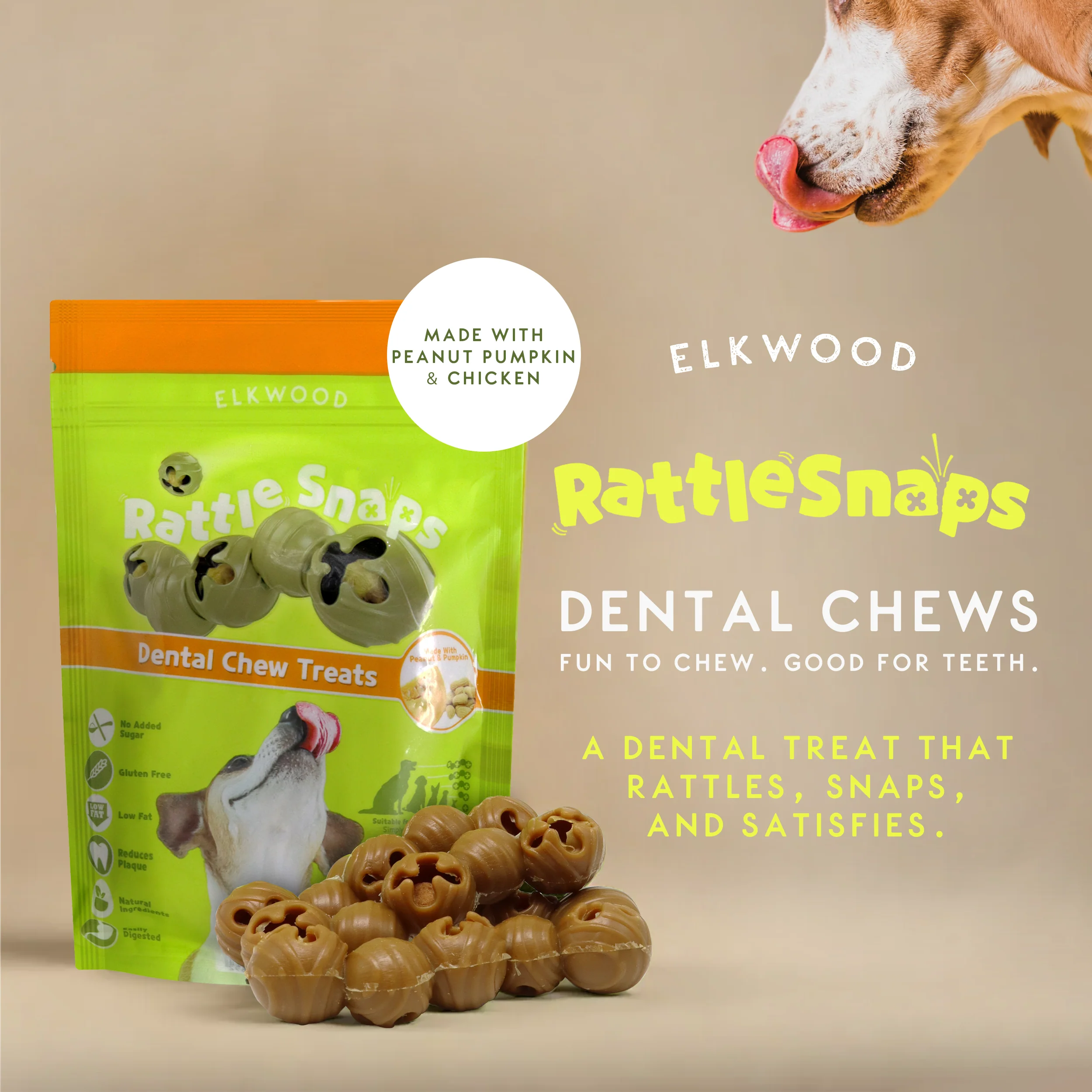 Elkwood Rattlesnaps Peanut & Pumpkin Dental Chew with Chicken | 50g x 10-Pack - Image 2