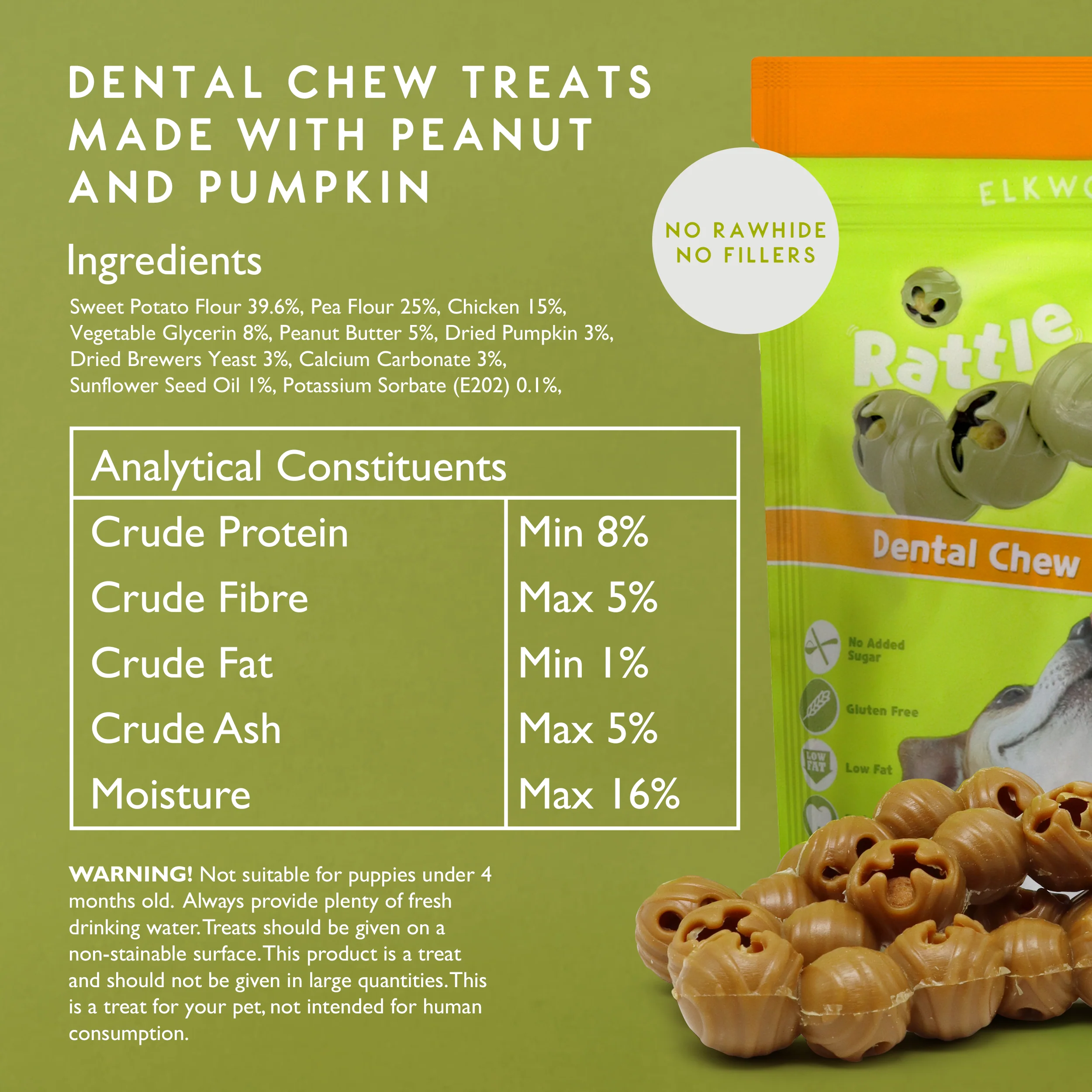 Elkwood Rattlesnaps Peanut & Pumpkin Dental Chew with Chicken | 50g x 10-Pack - Image 7