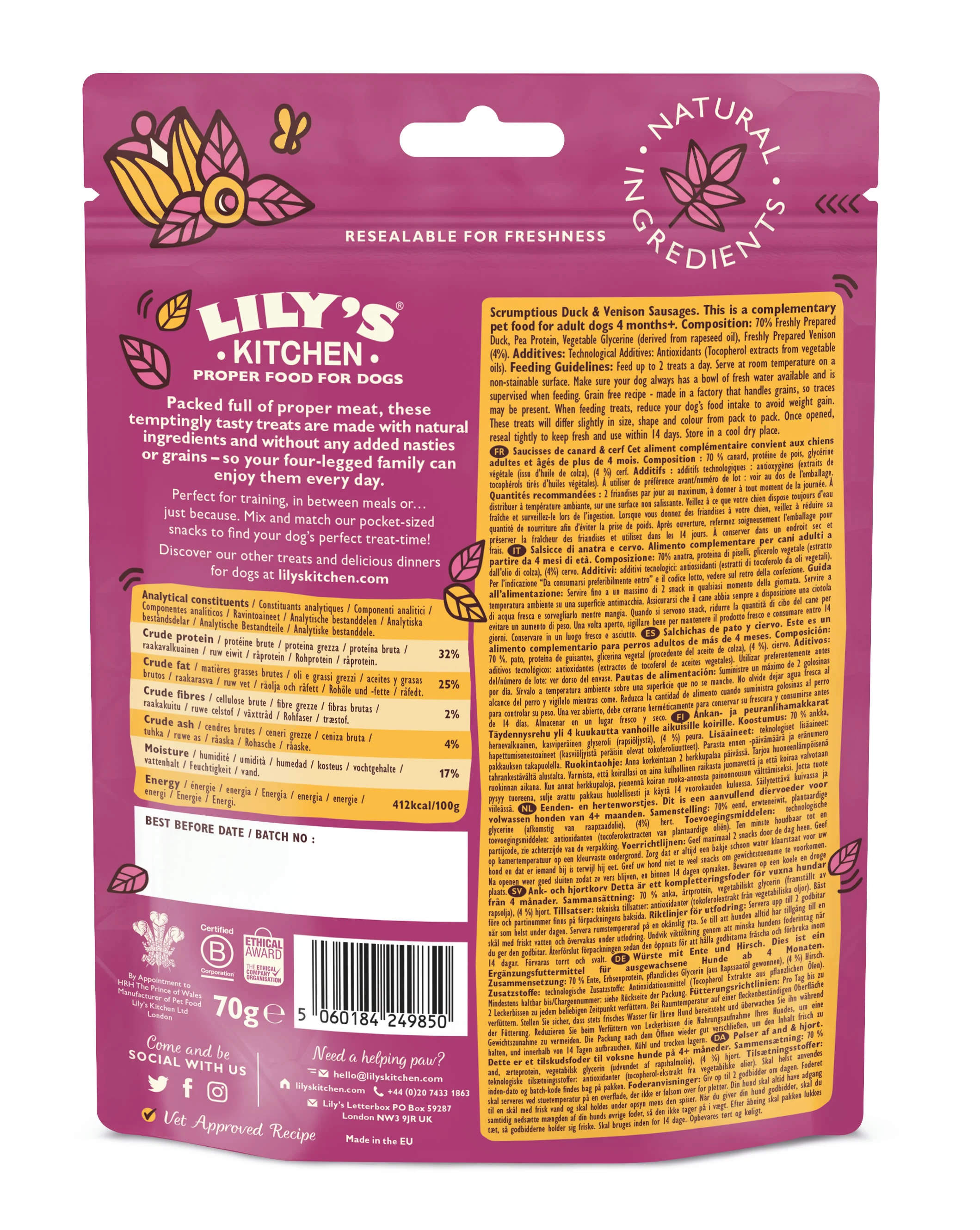 Lily's Kitchen Dog Scrumptious Sausages Adult Dog Treats - Duck & Venison - Image 5