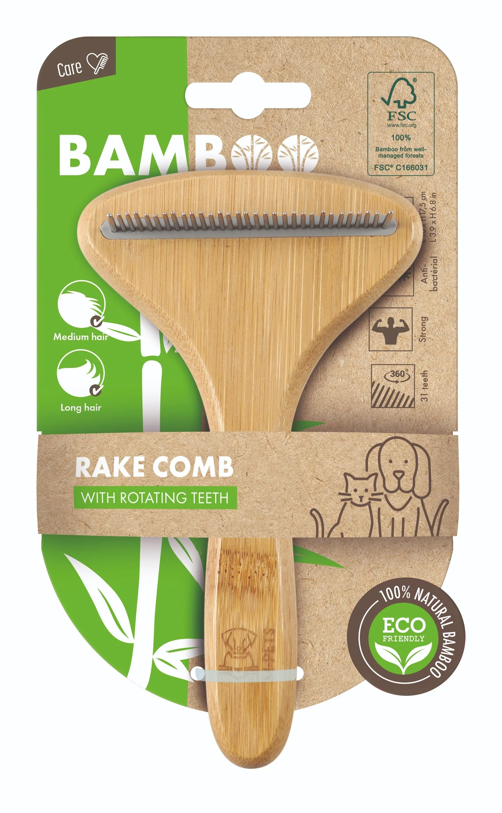 M-Pets Bamboo Rake Comb with Rotating Teeth for Dogs & Cats - Image 2