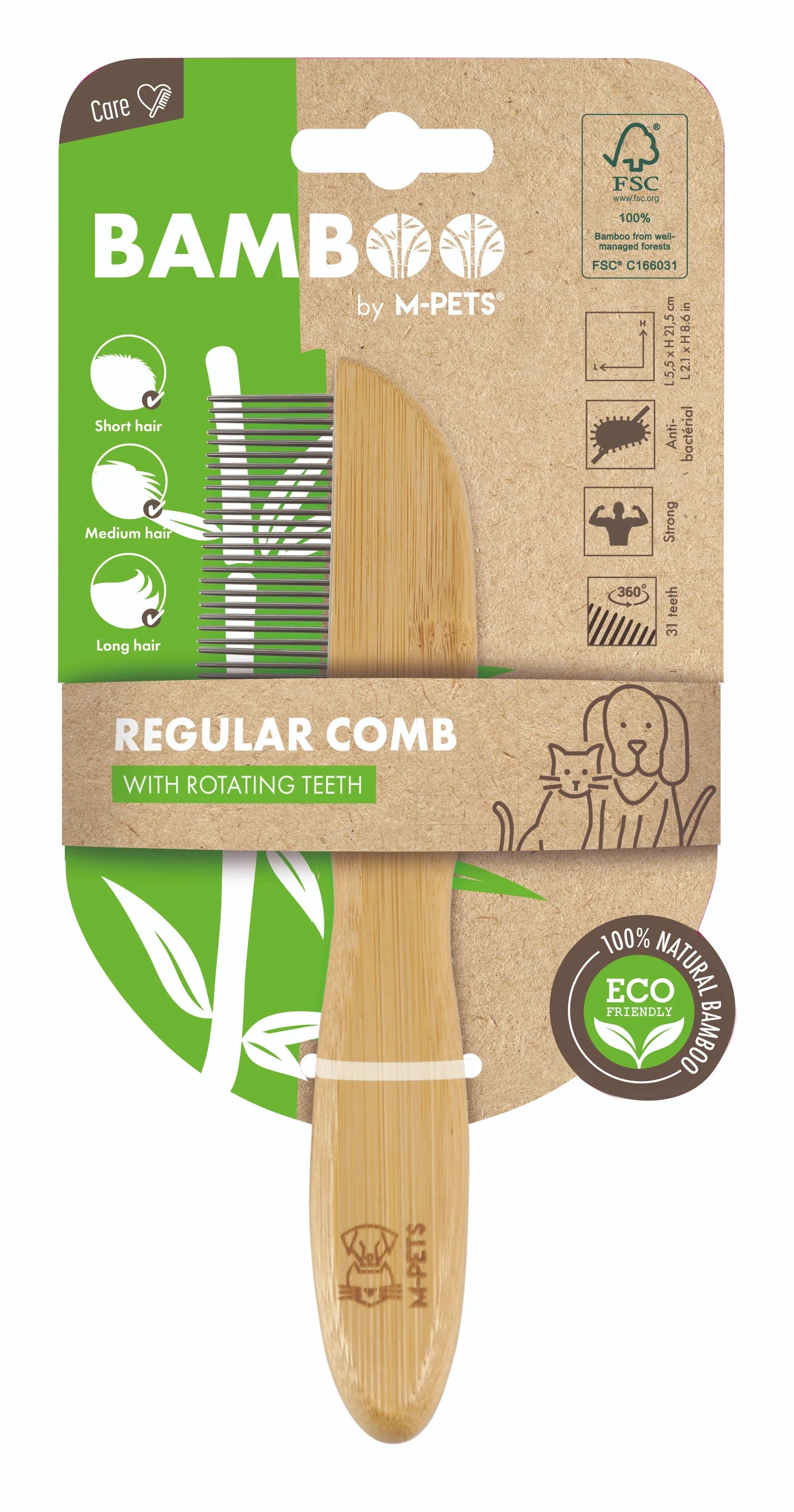 M-Pets Bamboo Regular Comb with Rotating Teeth for Dogs & Cats - Image 2