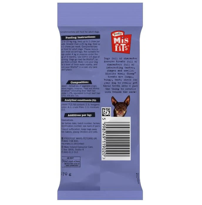 Misfits Wonky Chomp Adult Medium Dog Treats Beef 2 Stick - Image 2