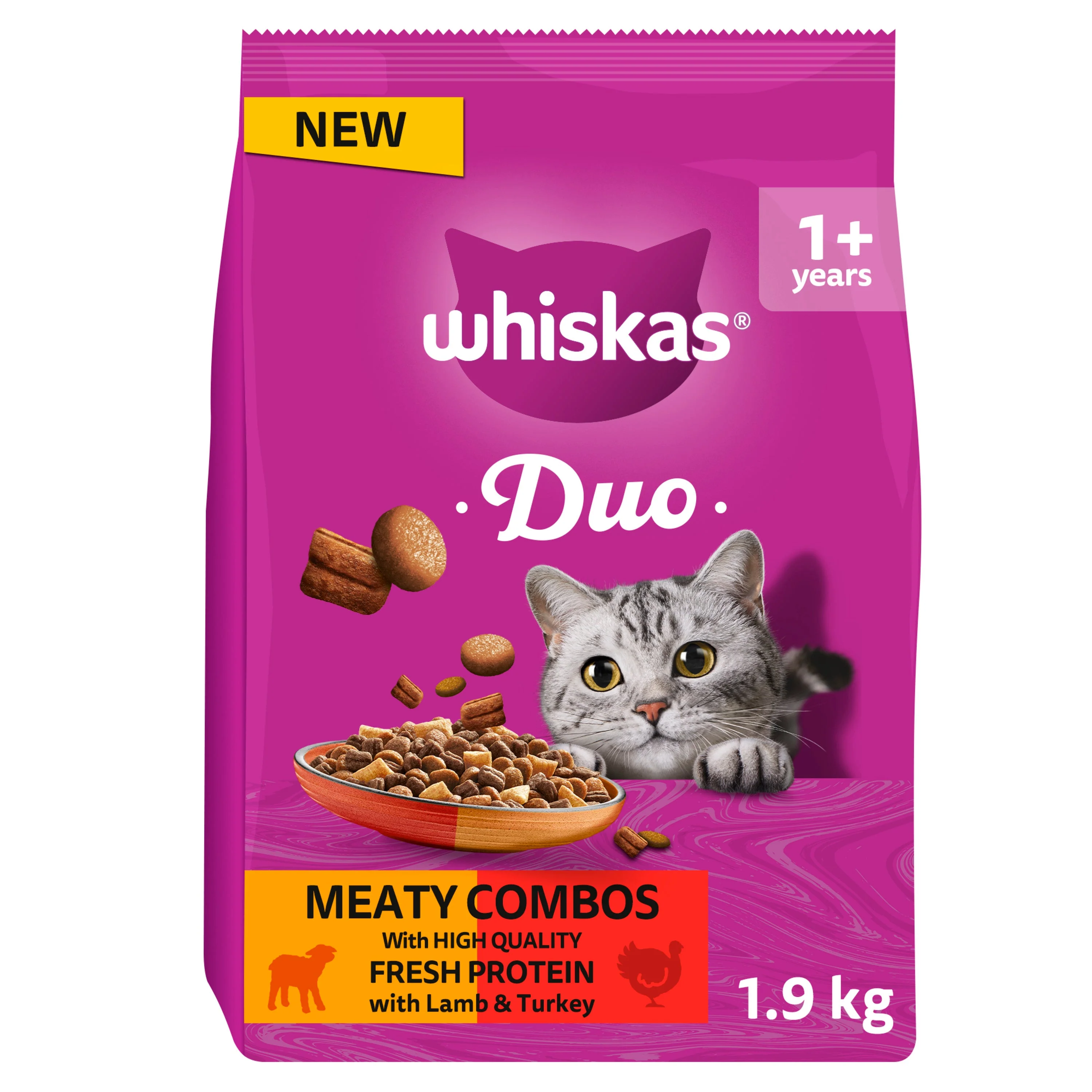 WHISKAS 1+ Complete Duo Meaty Combos Dry Cat Food with Lamb & Turkey - Image 2