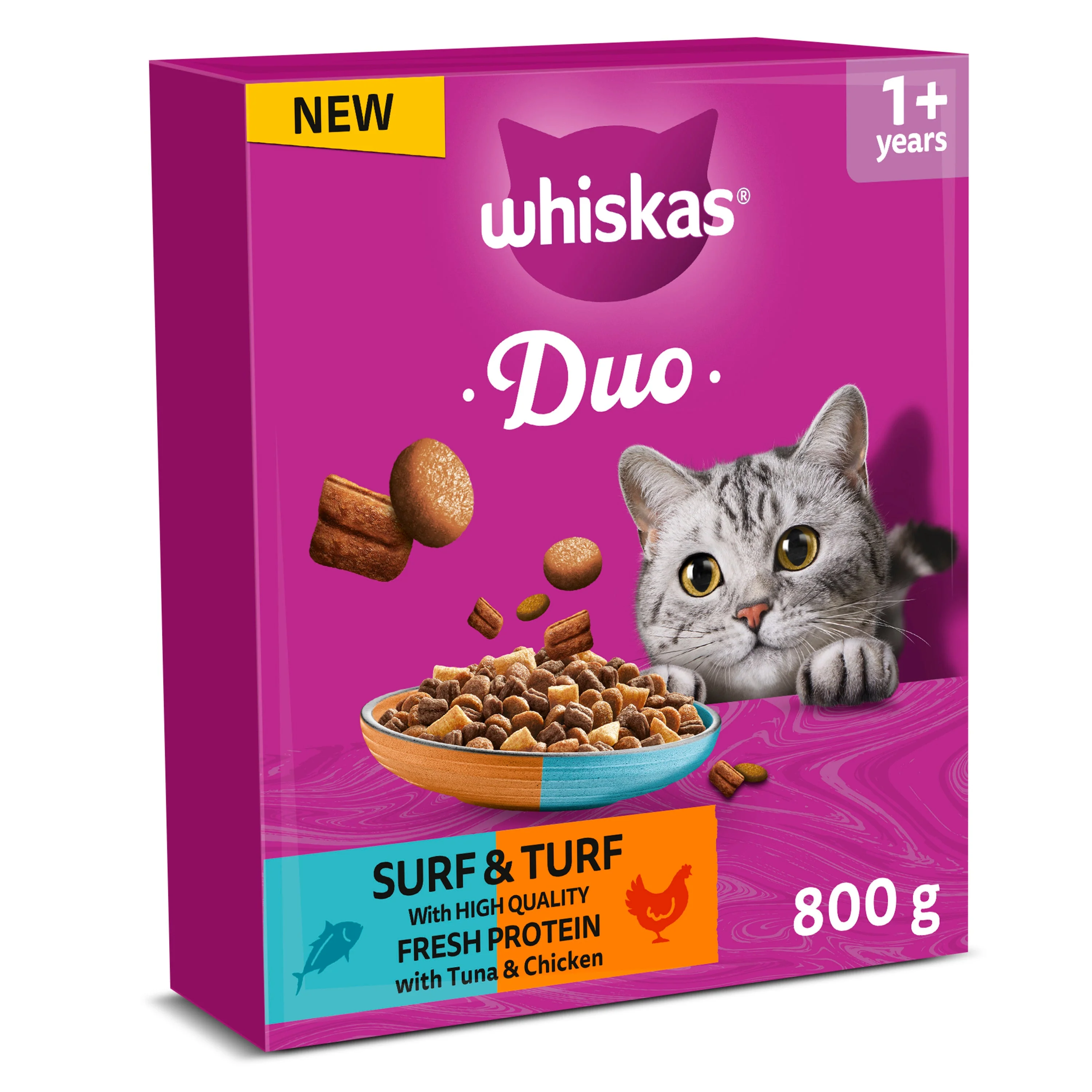 WHISKAS 1+ Complete Duo Surf & Turf Dry Cat Food with Tuna & Chicken