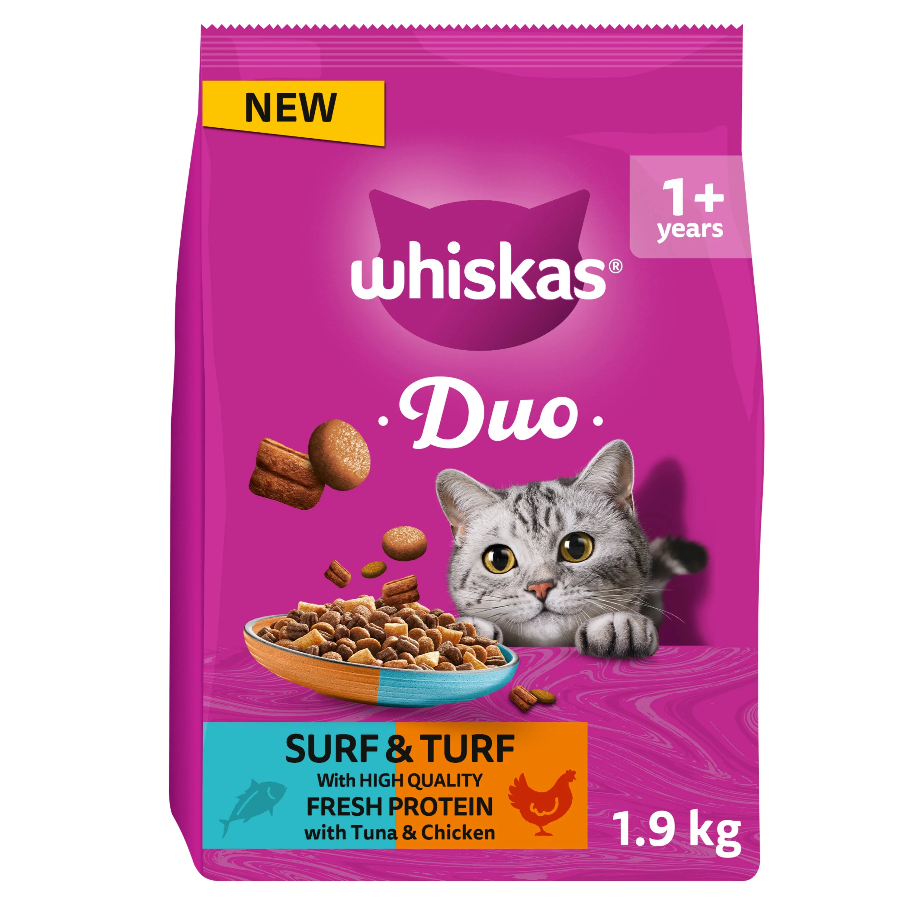 WHISKAS 1+ Complete Duo Surf & Turf Dry Cat Food with Tuna & Chicken - Image 2