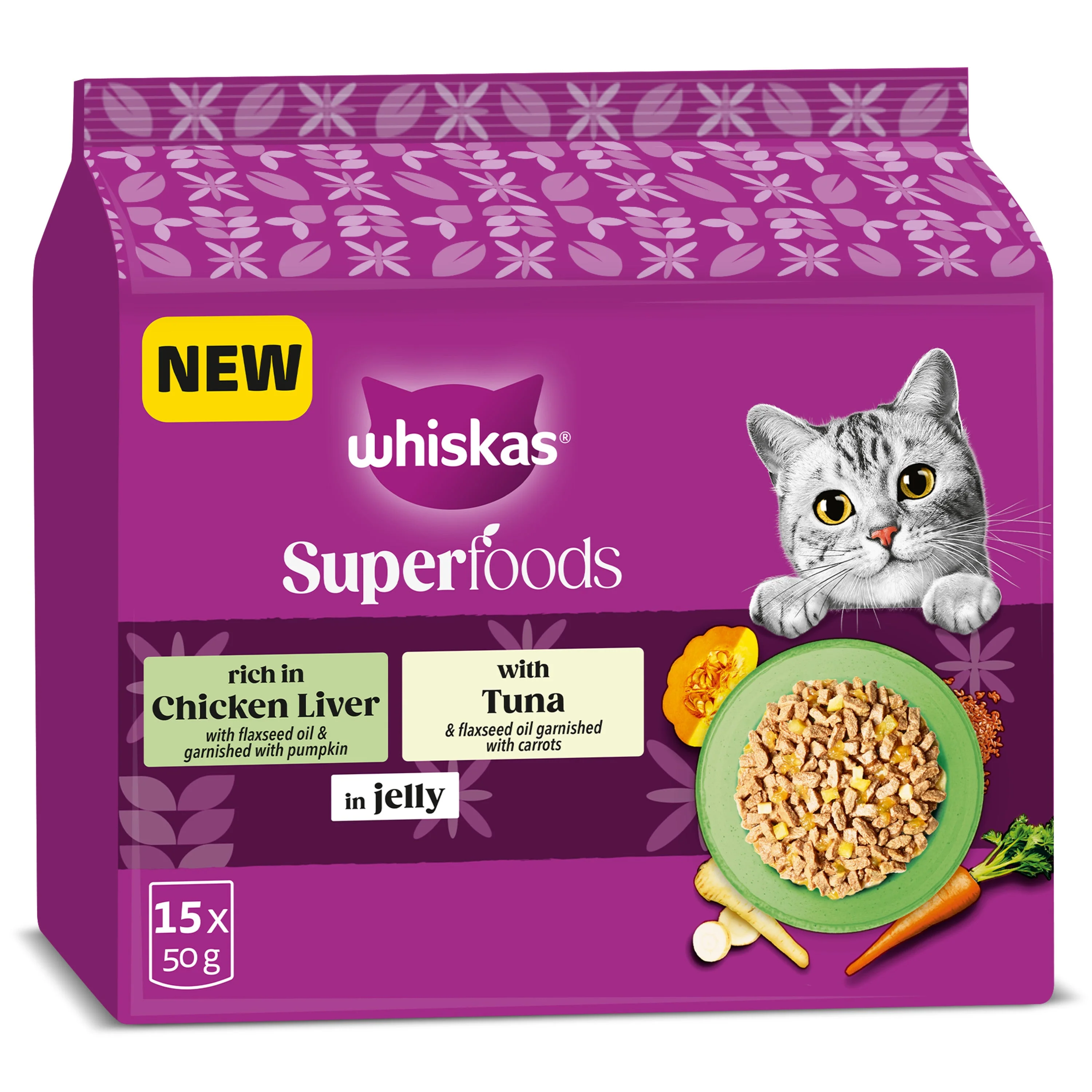 WHISKAS 1+ Superfoods Mixed Selection Wet Cat Food Pouches in Jelly - Image 2
