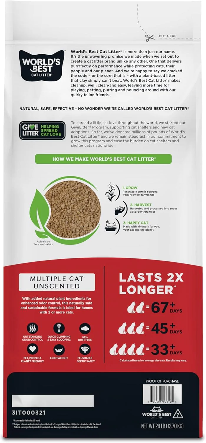 World's Best Multiple Cat Unscented Clumping Cat Litter - Image 2