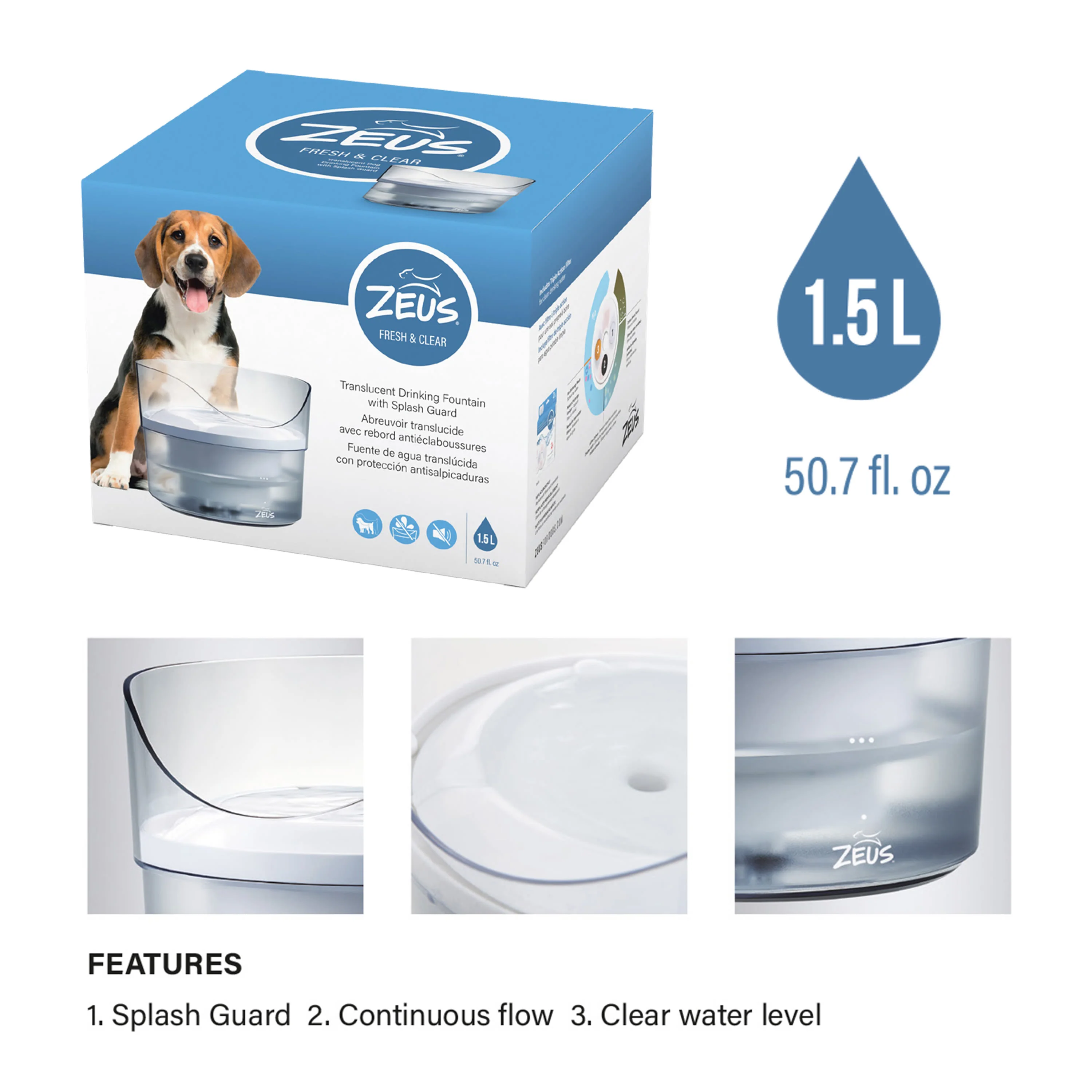Zeus Fresh and Clear Splash Guard Dog Drinking Fountain - Image 2